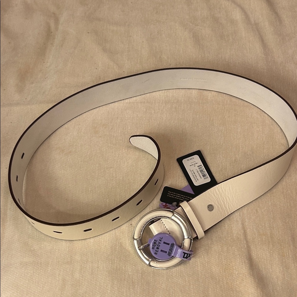 rag & bone White Leather Belt with Silver Circular Buckle